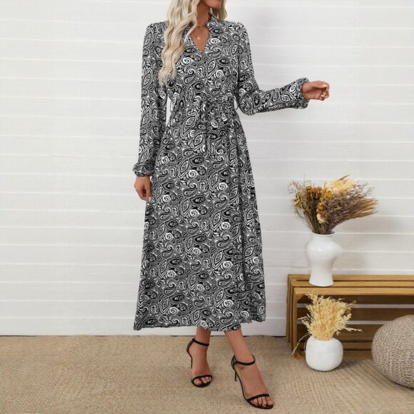 2/$40 Black & White Boho Paisley V-Neck Midi Dress Long Sleeve Belt Tie Waist XL - Picture 6 of 12